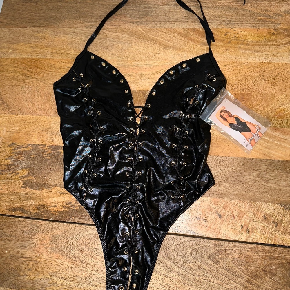 Black Leather Effect Bodysuit Dreamgirl